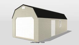 Beige lofted 12x28 garage with black roof.
