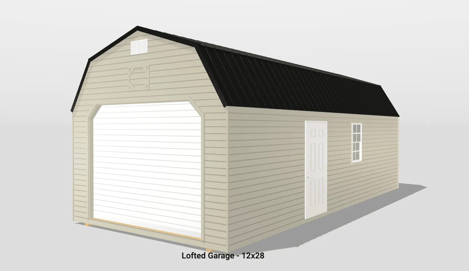 Beige lofted 12x28 garage with black roof.