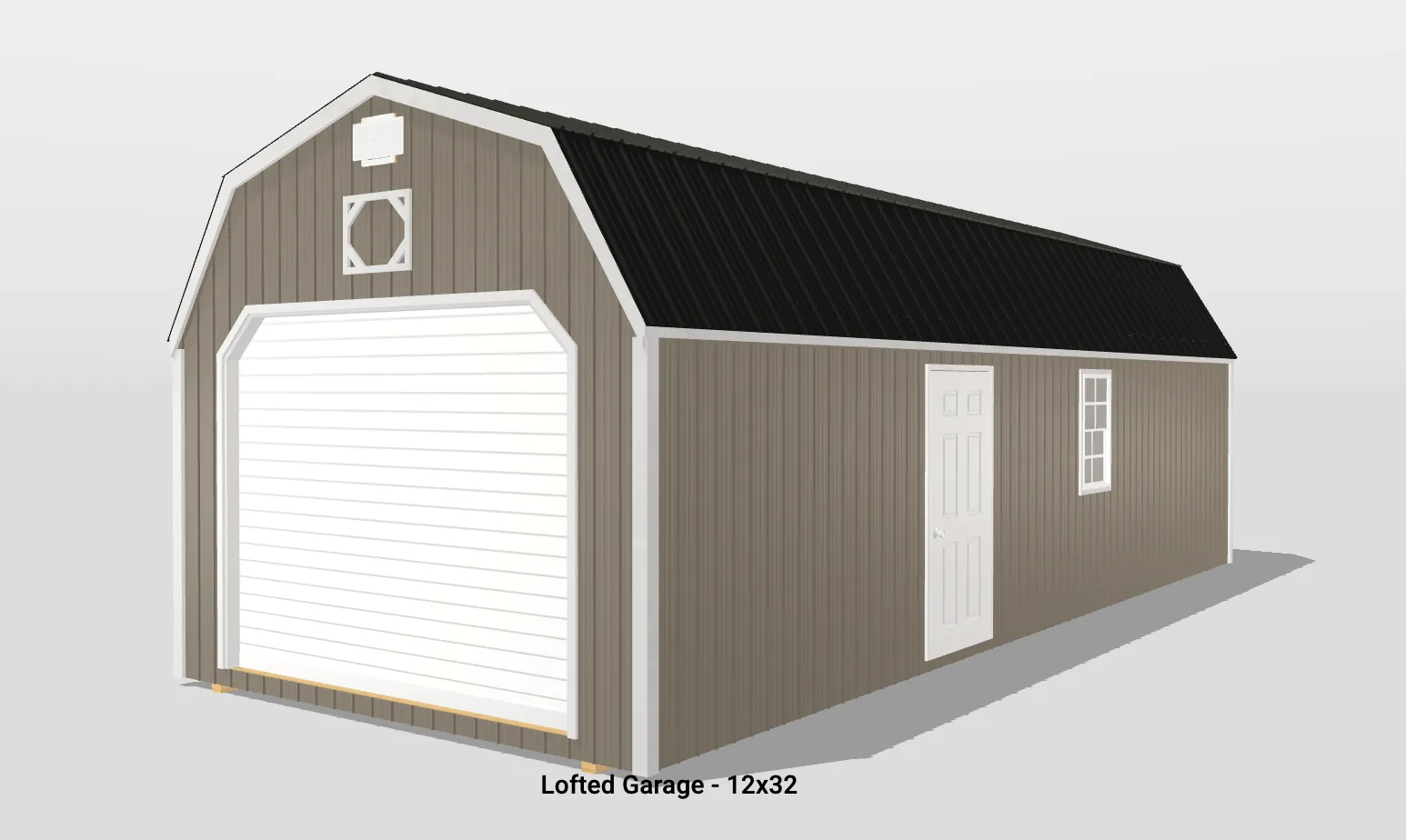 Lofted garage building 12x32 with door and window.