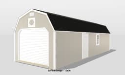 Lofted garage design, beige exterior, 12x36 size.