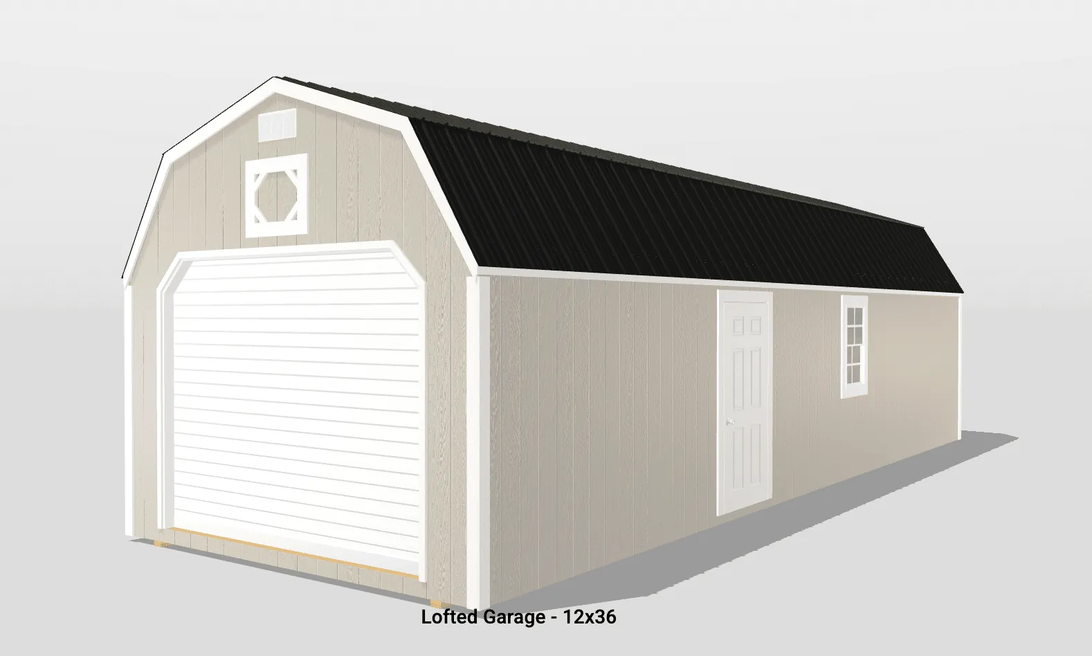 Lofted garage design, beige exterior, 12x36 size.
