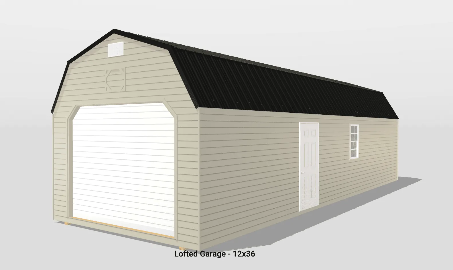 Lofted garage with side door and window.