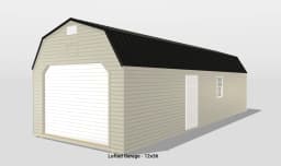 Lofted garage with side door and window.