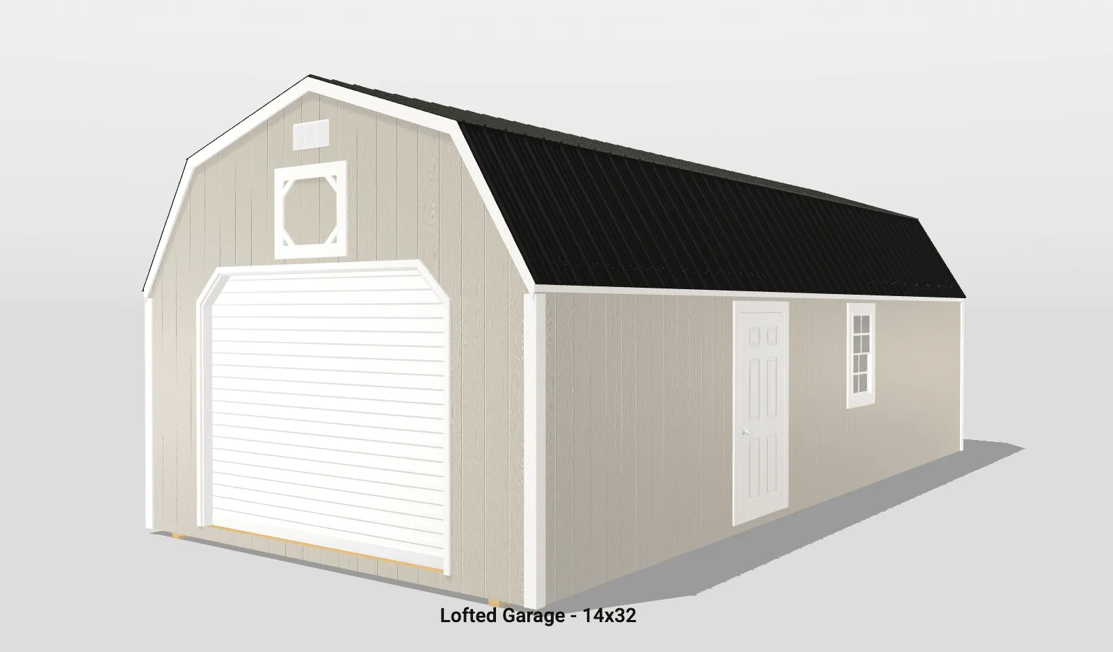 Lofted garage with gray siding and black roof.