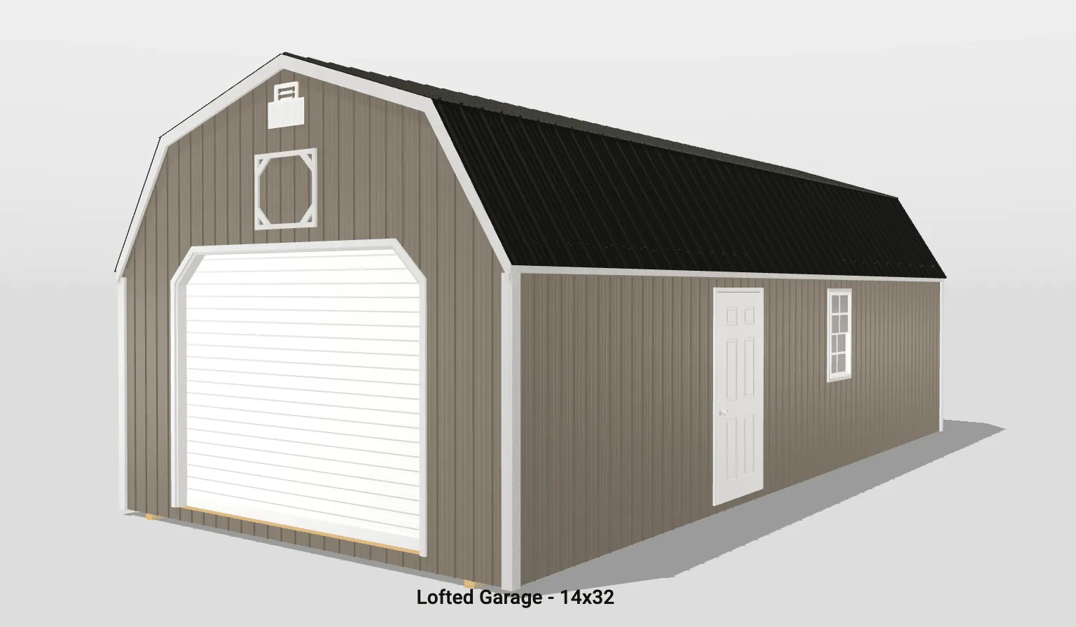 Lofted garage with black roof and white door