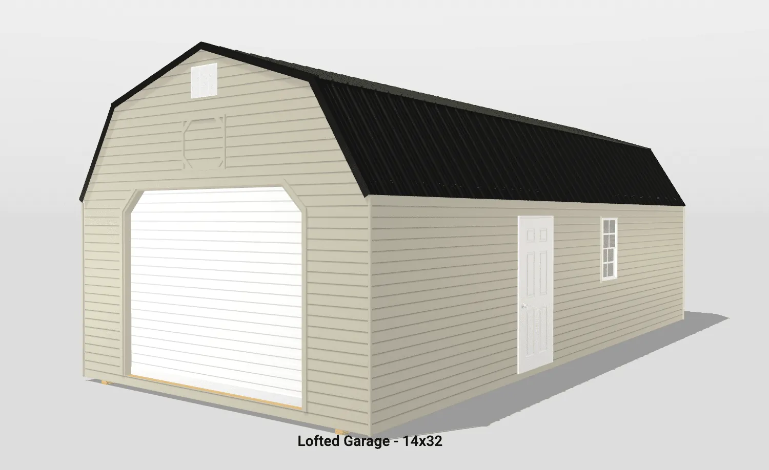 Lofted garage with white doors, beige siding.
