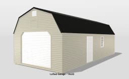 Lofted garage with white doors, beige siding.