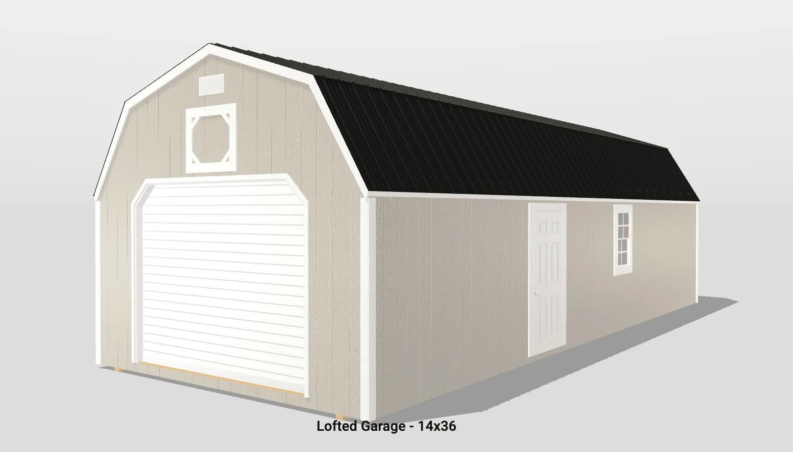 Beige looted garage with black roof and white doors.