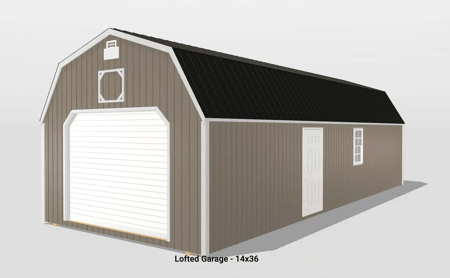 Brown lofted garage with black roof, 14x36.