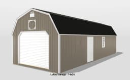 Brown lofted garage with black roof, 14x36.