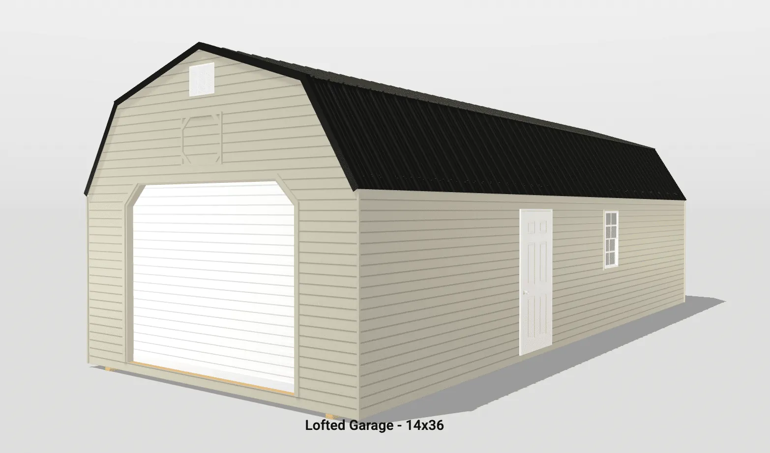 3D model of beige lofted garage with black roof.