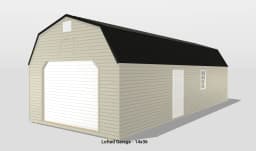 3D model of beige lofted garage with black roof.