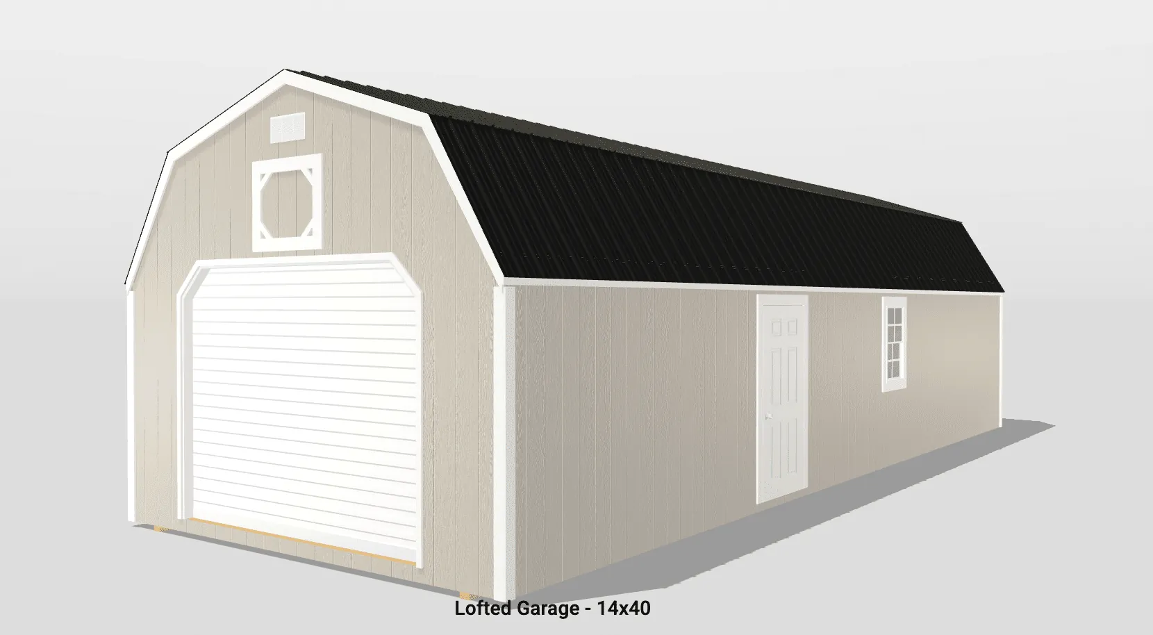 Lofted garage with metal roof, 14x40 size.
