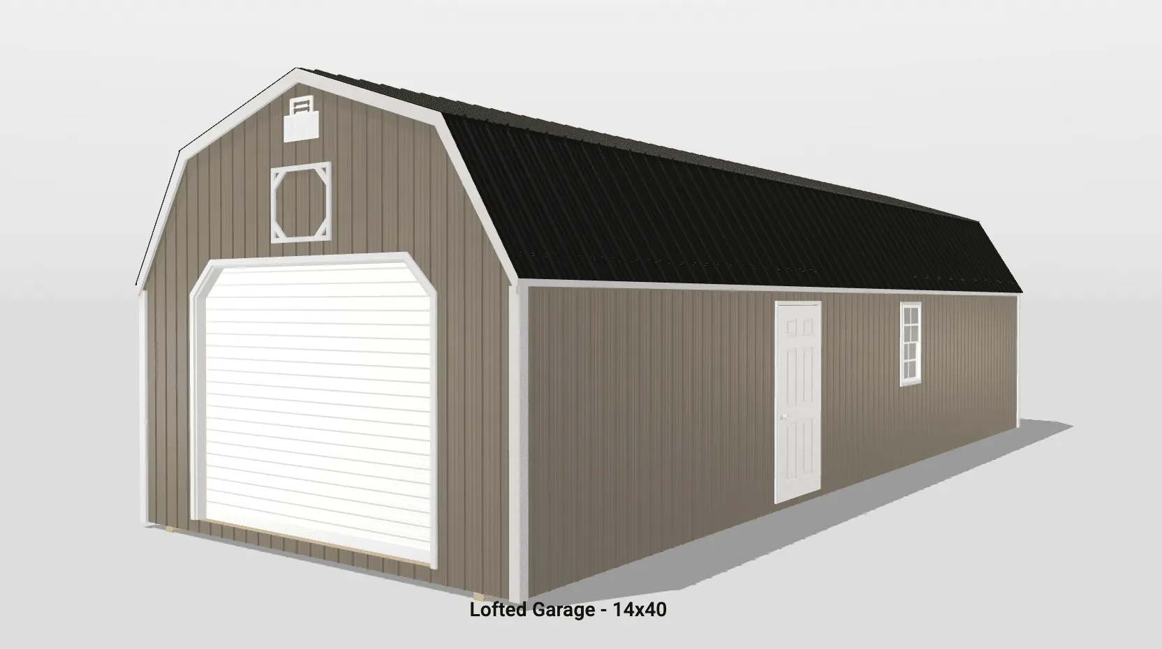 Lofted garage with brown siding and white doors.