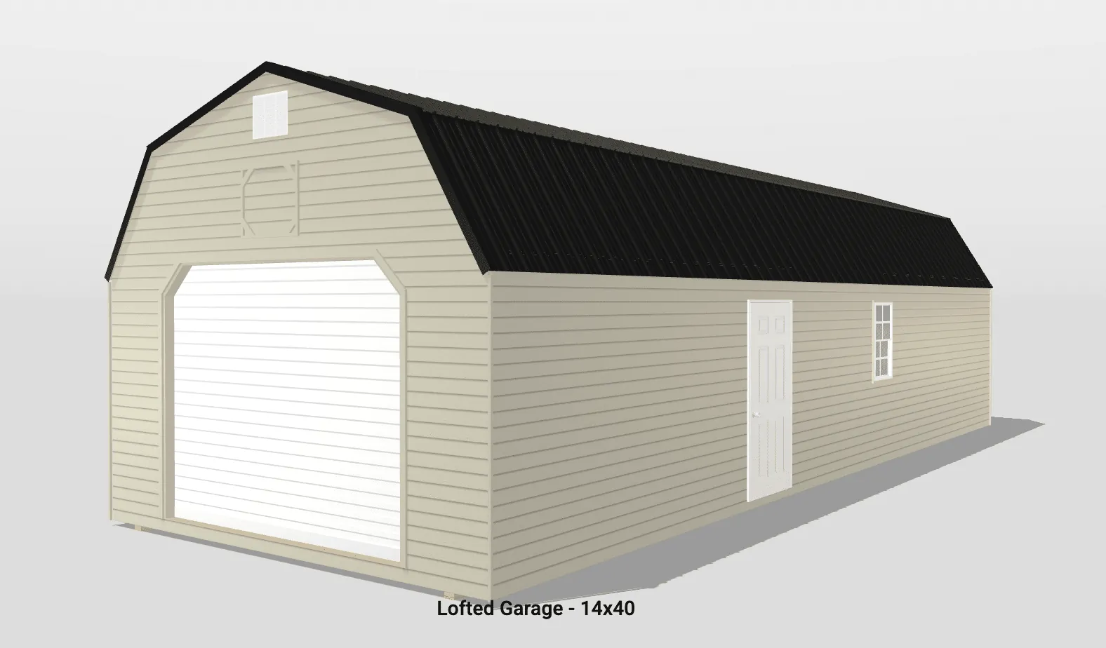 Lofted garage with beige siding and black roof.