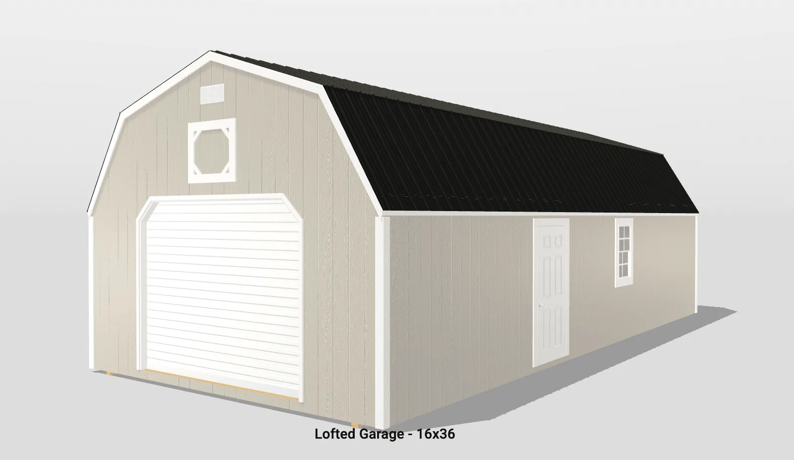 Lofted garage with black roof and white doors.