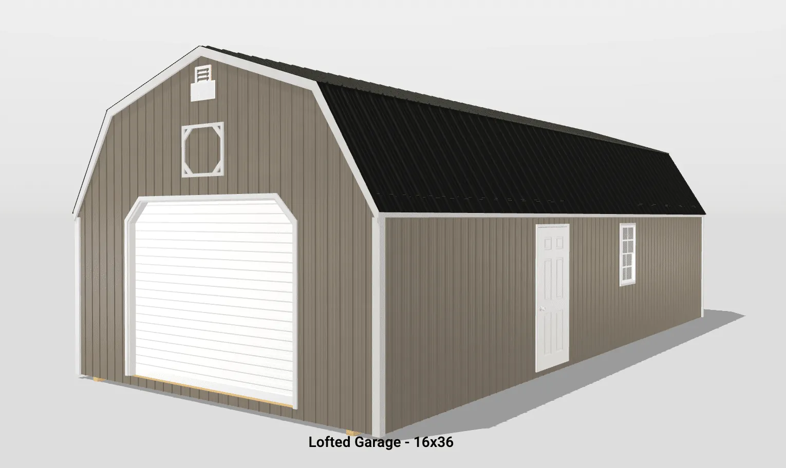 Lofted garage with black roof, 16x36 dimensions.