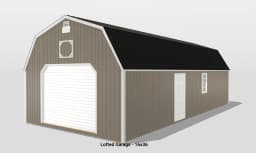 Lofted garage with black roof, 16x36 dimensions.