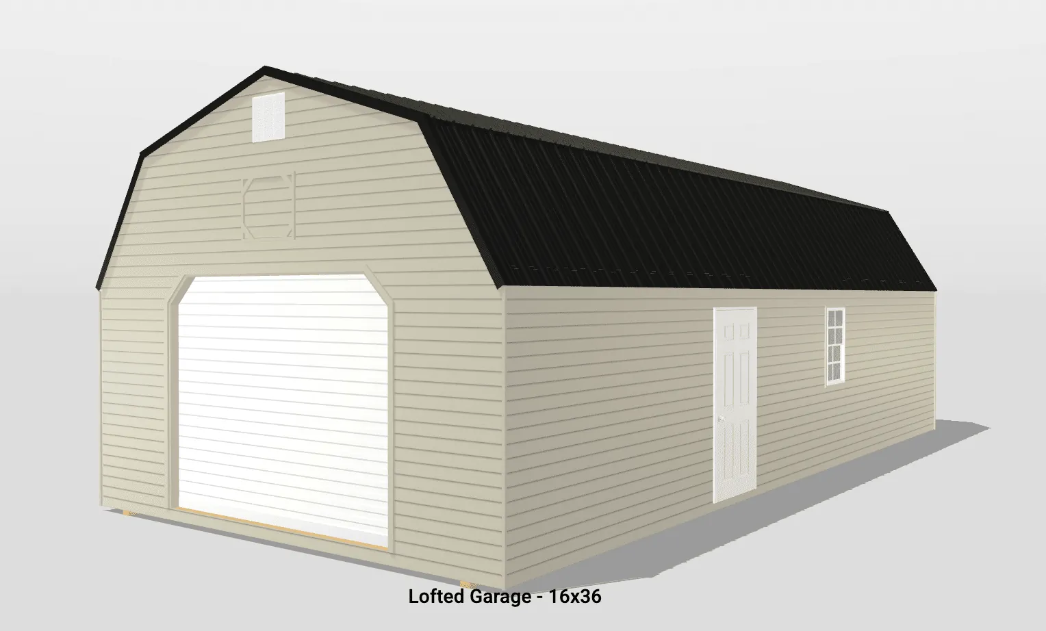 Beige lofted garage with black roof, 16x36 dimensions.