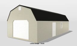 Beige lofted garage with black roof, 16x36 dimensions.