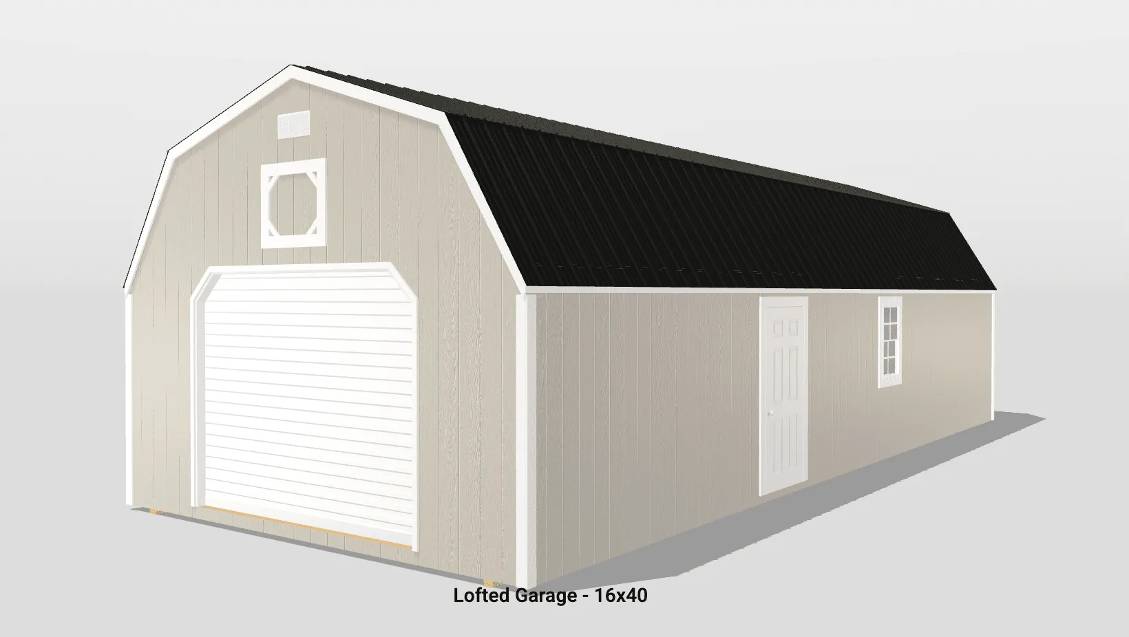 16x40 lofted garage with white doors and windows.