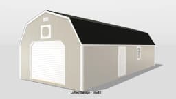 16x40 lofted garage with white doors and windows.