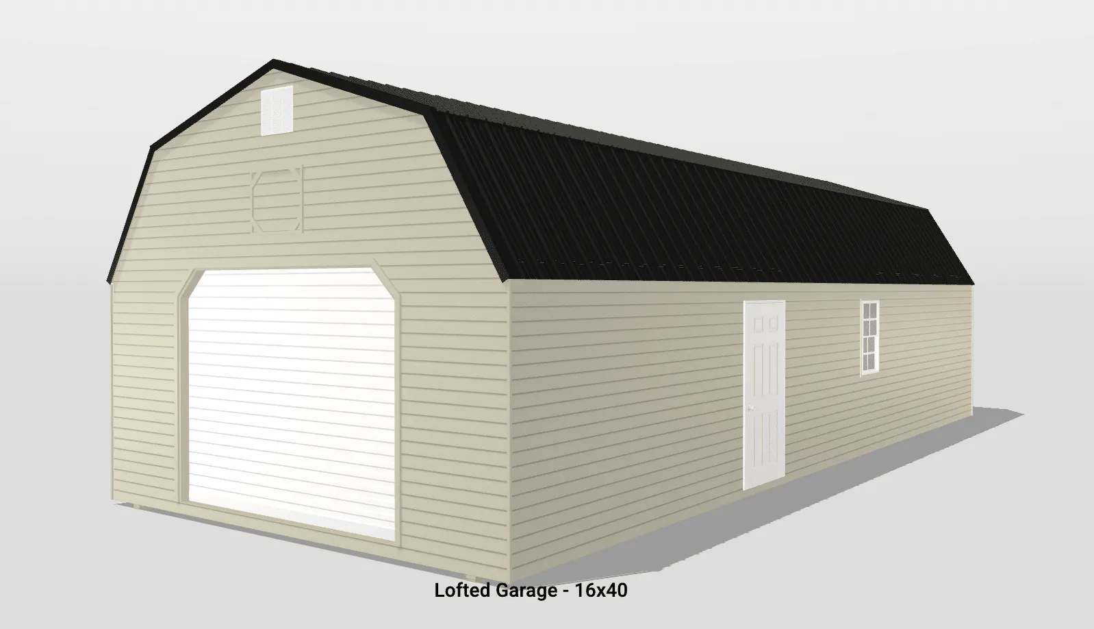 Lofted garage with beige siding, black roof.