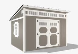 Modern grey garden shed with white trim