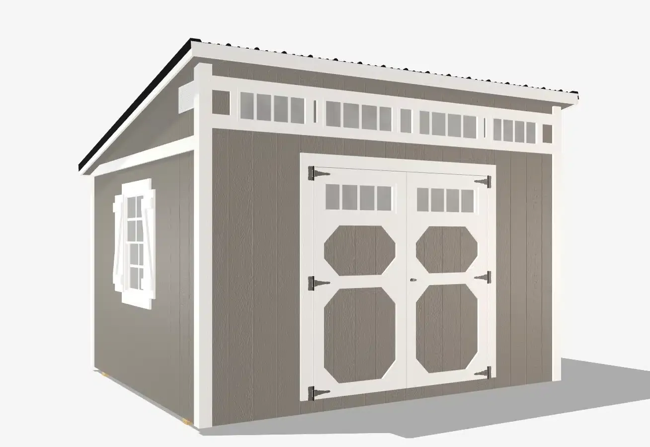 Modern grey garden shed with white trim