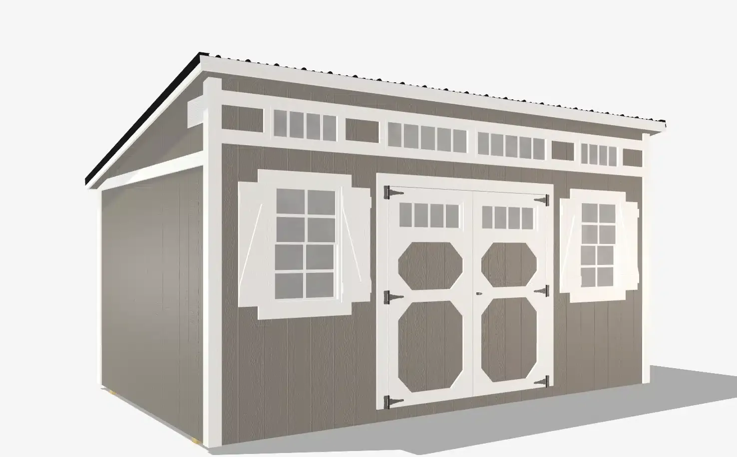 Gray backyard shed with white trim and windows.