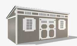 Gray storage shed with white trim and windows.
