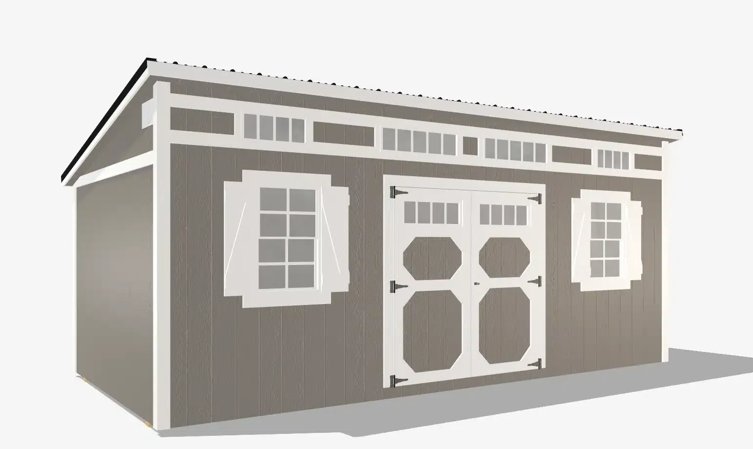 Gray storage shed with white trim and windows.