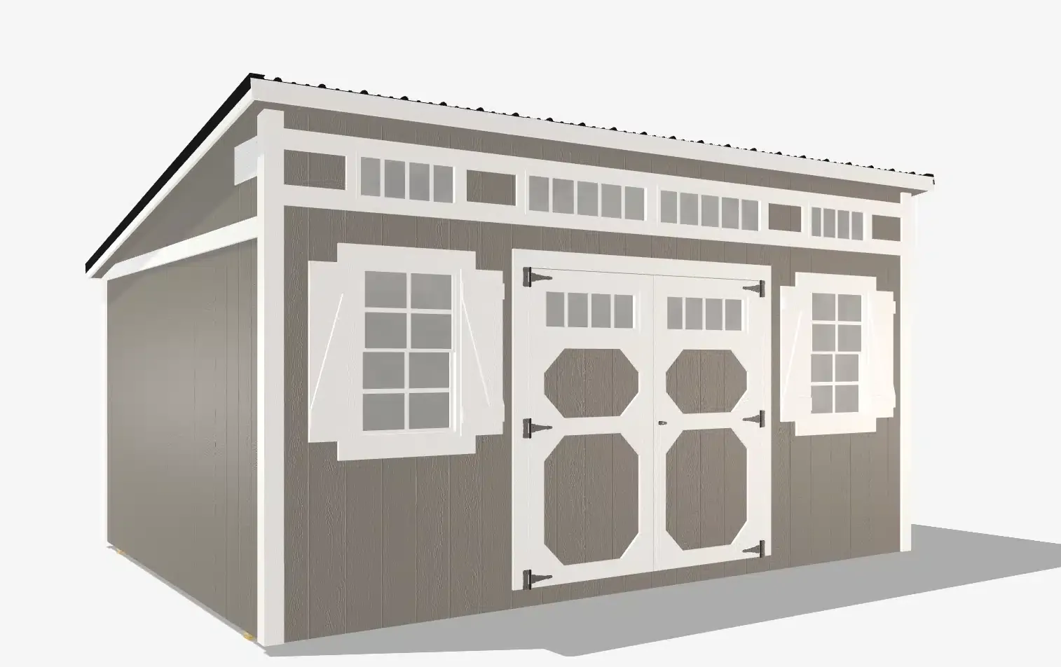 Modern garden shed with windows and double doors.