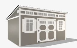Modern garden shed with windows and double doors.
