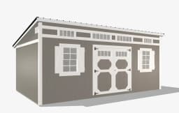 Gray garden shed with white trim and windows.