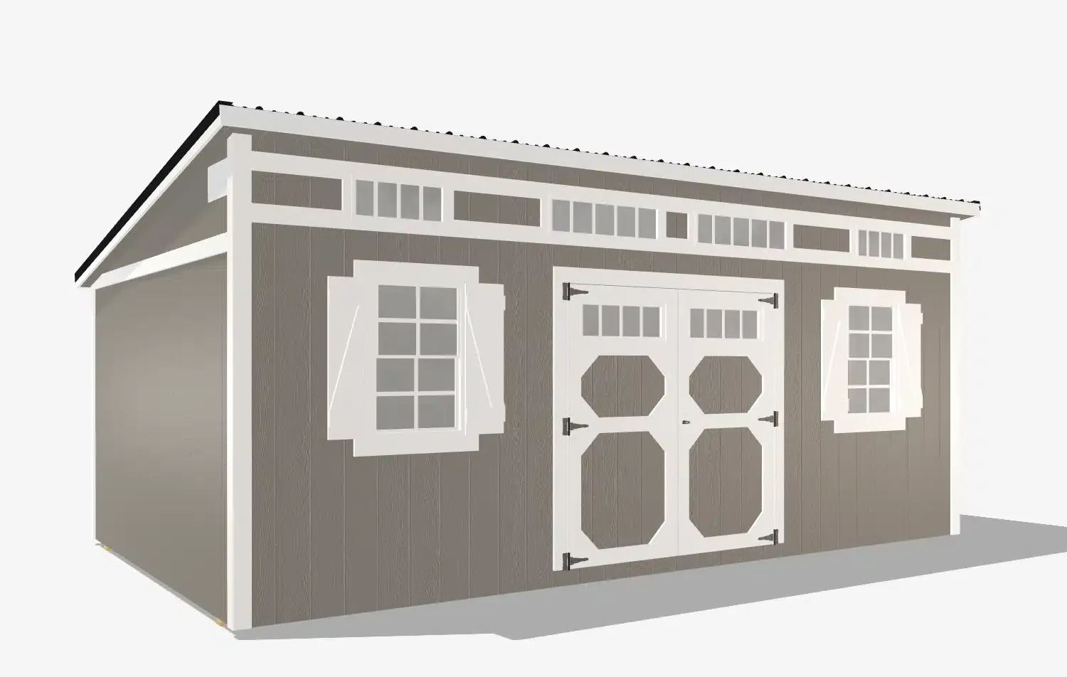 Gray garden shed with white trim and windows.