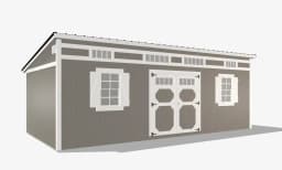Wooden storage shed with double doors and windows.
