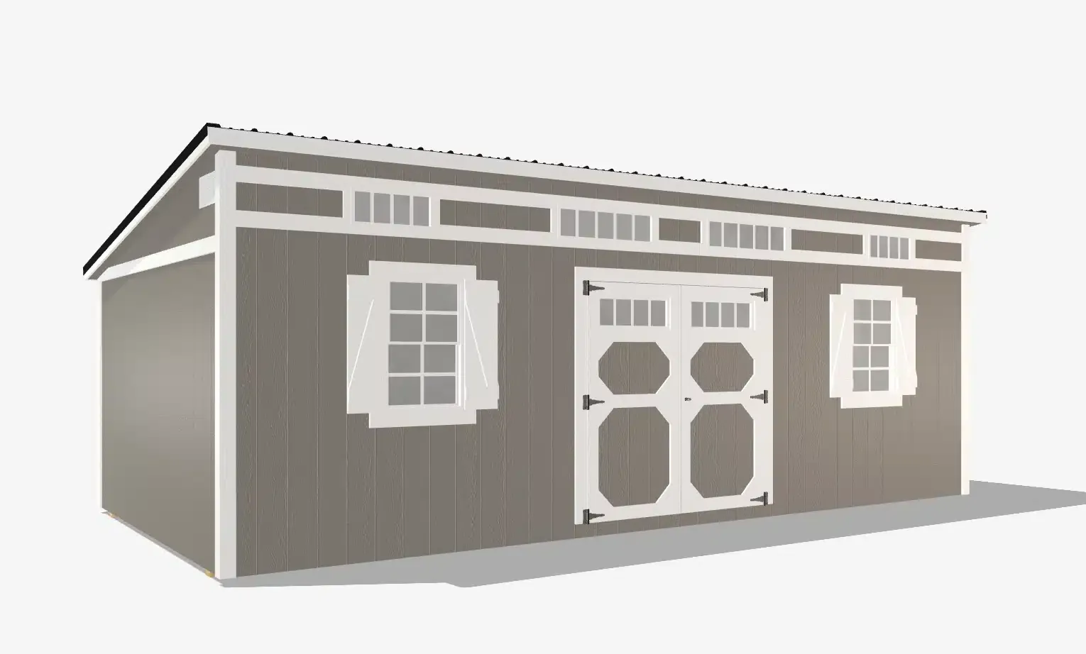Wooden storage shed with double doors and windows.