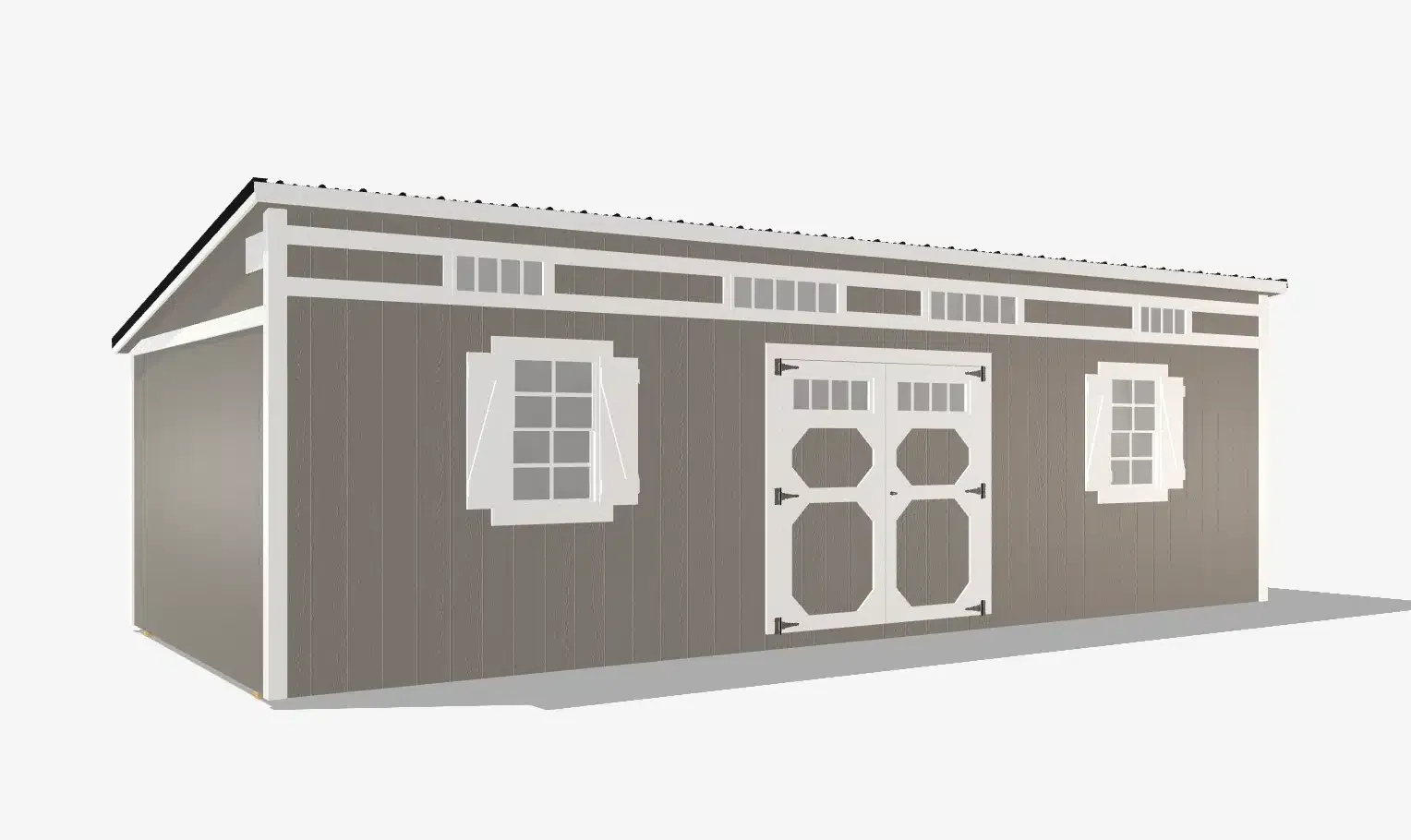 Gray outdoor shed with white trim and windows.