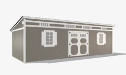 Gray outdoor shed with white trim and windows.