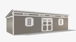 Gray shed with windows and double doors.