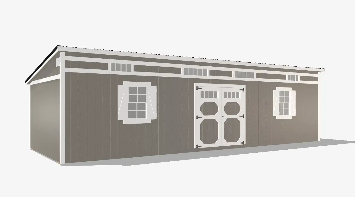 Gray shed with windows and double doors.