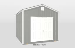 Stylish 10x12 utility shed with gabled roof, gray paneling, and white double doors for storage.