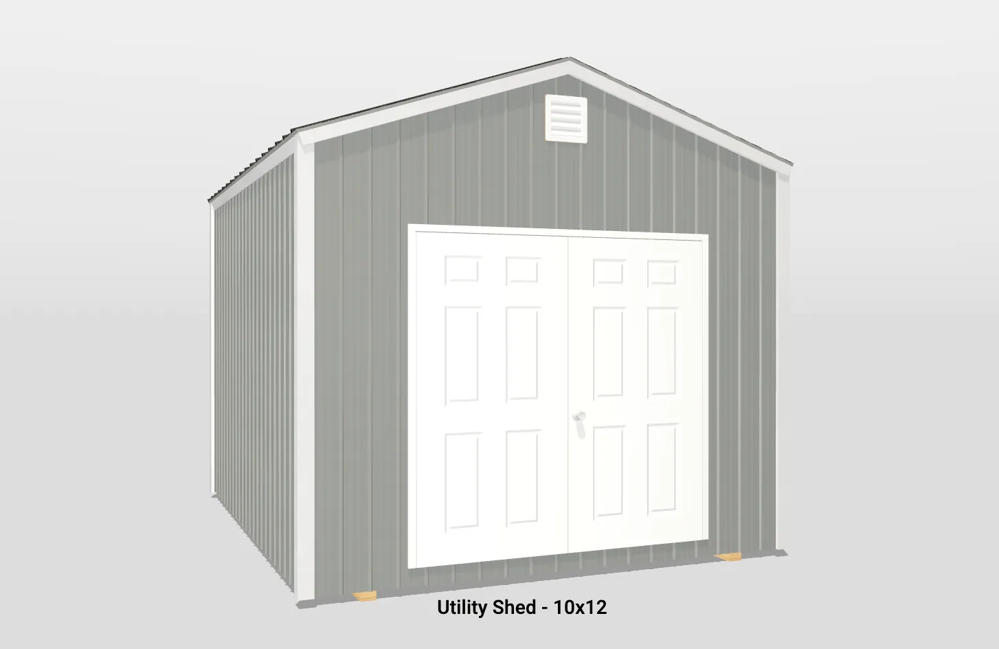 Stylish 10x12 utility shed with gabled roof, gray paneling, and white double doors for storage.