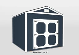 Stylish navy blue 10x12 utility shed with double doors and modern gable roof design.