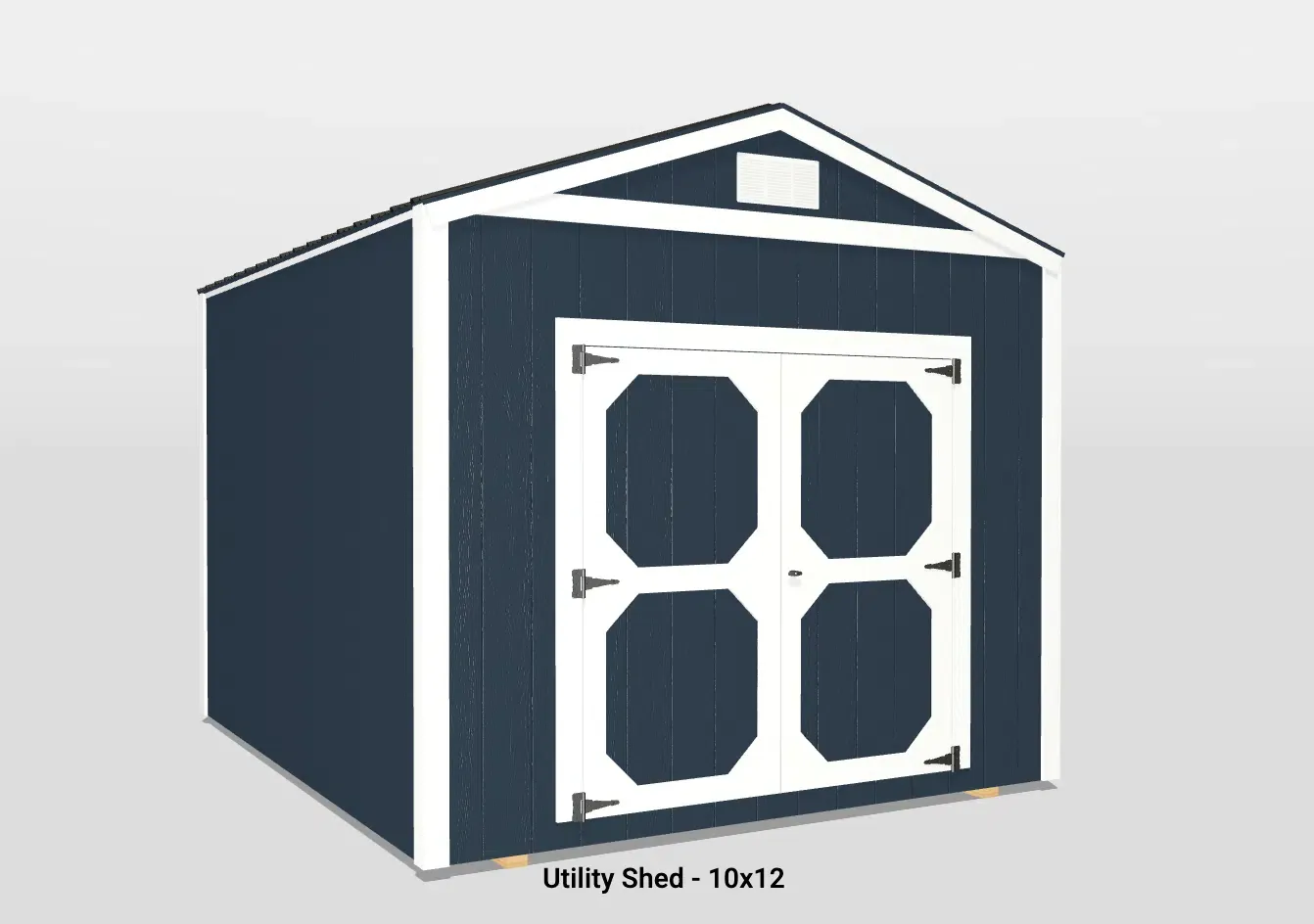 Stylish navy blue 10x12 utility shed with double doors and modern gable roof design.