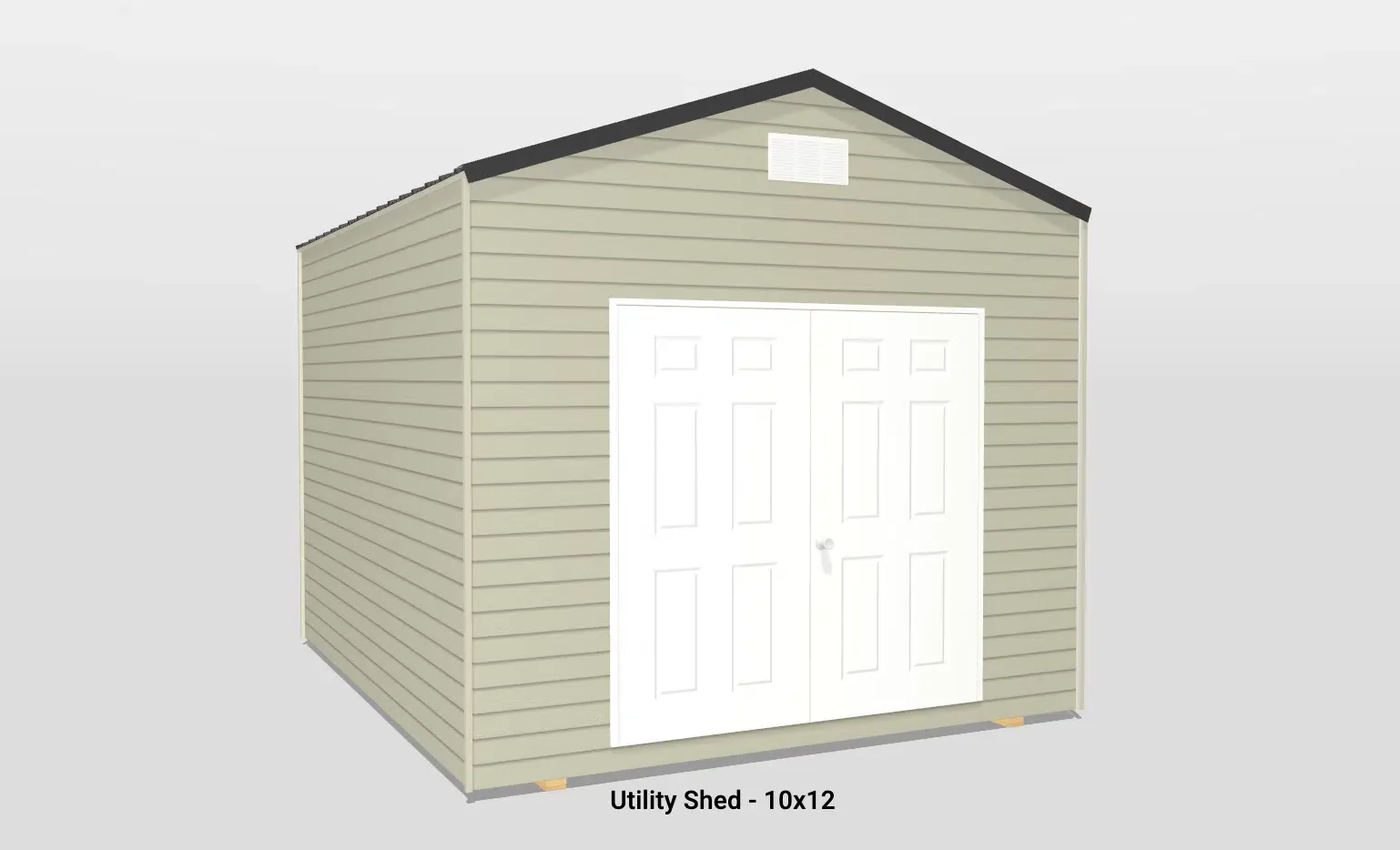 Modern 10x12 utility shed with beige siding, double doors, and sloped dark roof for ideal storage.