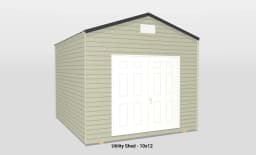 Modern 10x12 utility shed with beige siding, double doors, and sloped dark roof for ideal storage.