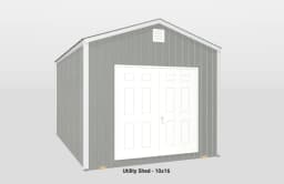 Modern 10x16 utility shed with gray siding, white double doors, and gable roof design.