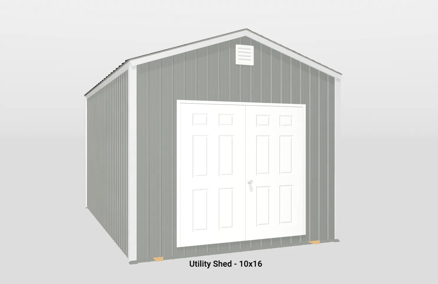 Modern 10x16 utility shed with gray siding, white double doors, and gable roof design.